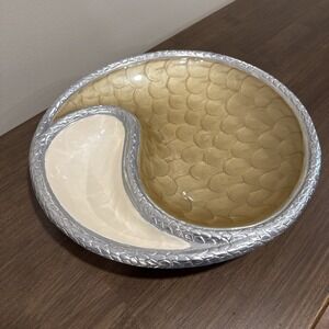 Julia Knight Yin Yang Serving Bowl Platter Gold Cream Silver Enamel Aluminum